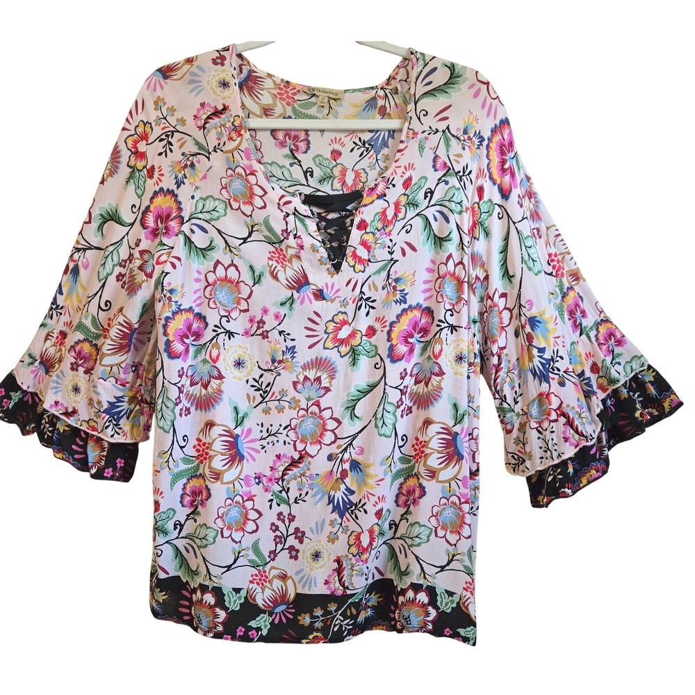 Boho Peasant Floral Blouse Democracy Women's S Lace Up V-Neck Pink‎ Black